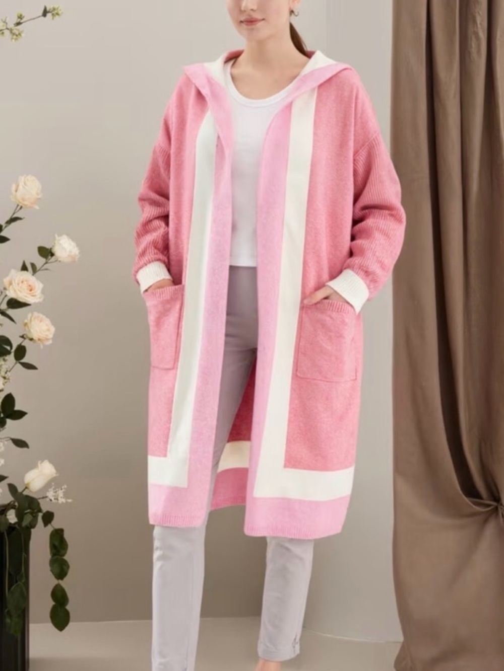 New Pink and White Hooded Cardigan Sweater NIP - Picture 1 of 2